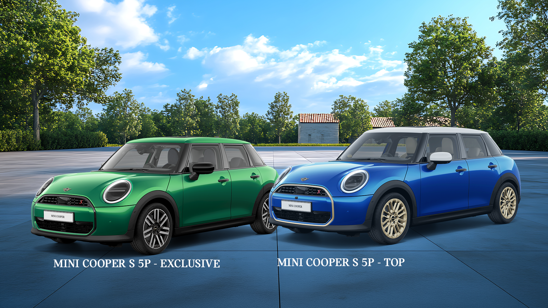 A silver MINI Cooper 5-Door drives swiftly down a city street, passing a bright blue wall and brick building. The scene conveys a sense of speed and urban energy.